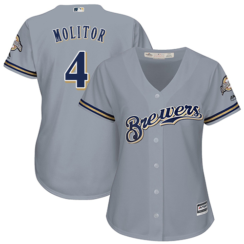 Brewers #4 Paul Molitor Grey Road Women's Stitched MLB Jersey - Click Image to Close